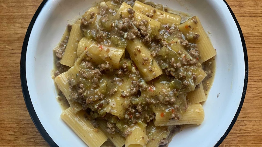 Lamb and green tomato ragu, served on pasta