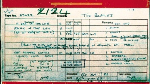 A photo showing the cover of the master tape for The Beatles song, A Day In The Life