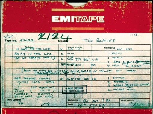 A photo showing the cover of the master tape for The Beatles song, A Day In The Life