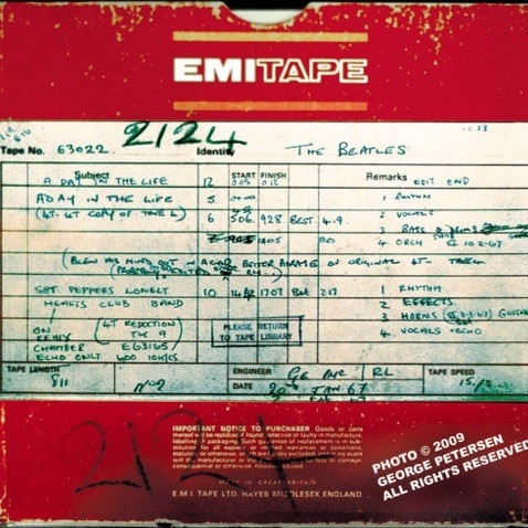 An picture of the master tape of A Day in the Life with recording details on the cover.