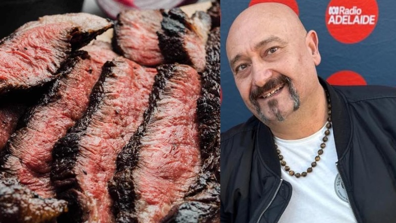strips of wagyu beef and bald man with moustache and goatee beard