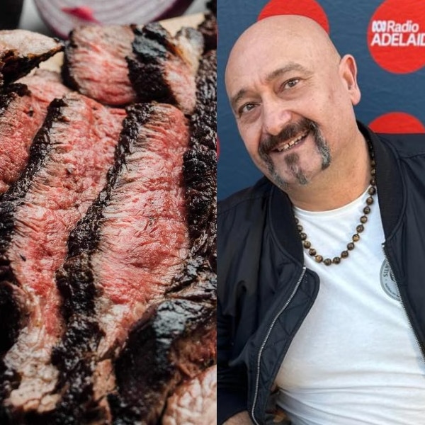 strips of wagyu beef and bald man with moustache and goatee beard