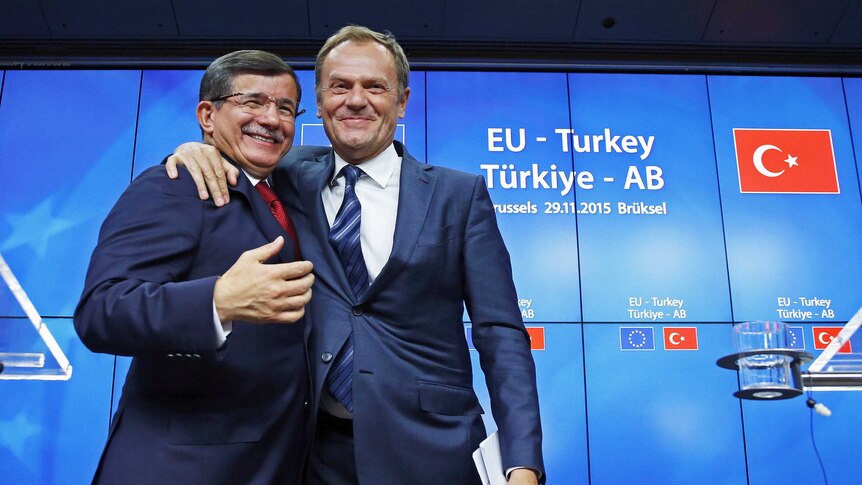 Turkish prime minister Ahmet Davutoglu and European Council president Donald Tusk