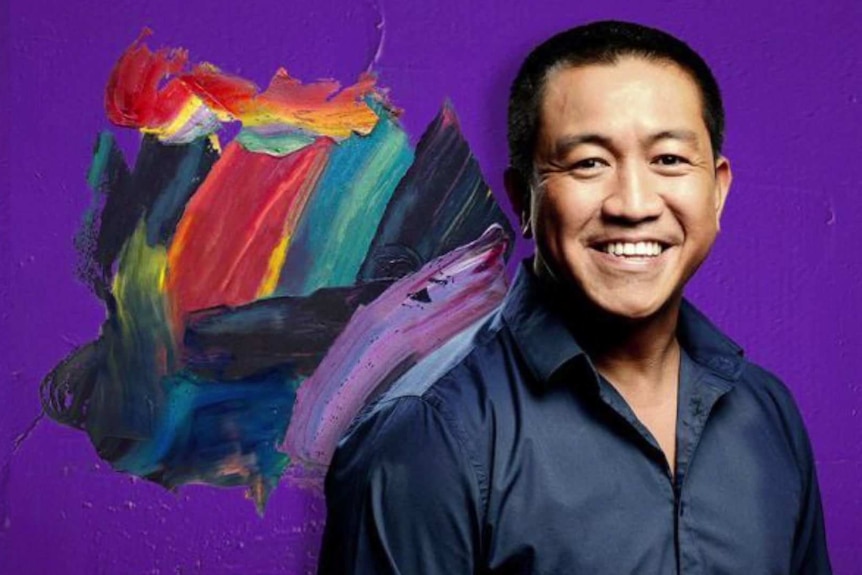 A promotional image shows Anh Do superimposed over a purple background with multi-coloured brush strokes.