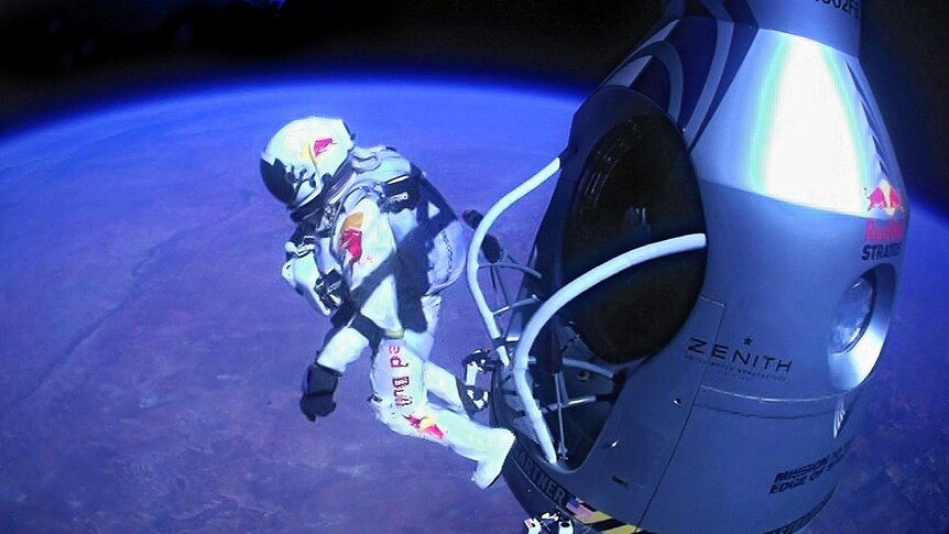 Felix Baumgartner begins record-breaking freefall 39km above the Earth.