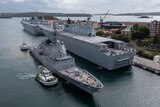 The ship HMAS Brisbane docked at a fleet base in Sydney.