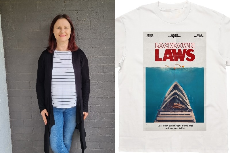 Ceri-Ann Ross pictured alongside a t-shirt with a Jaws-inspired picture of the opera house