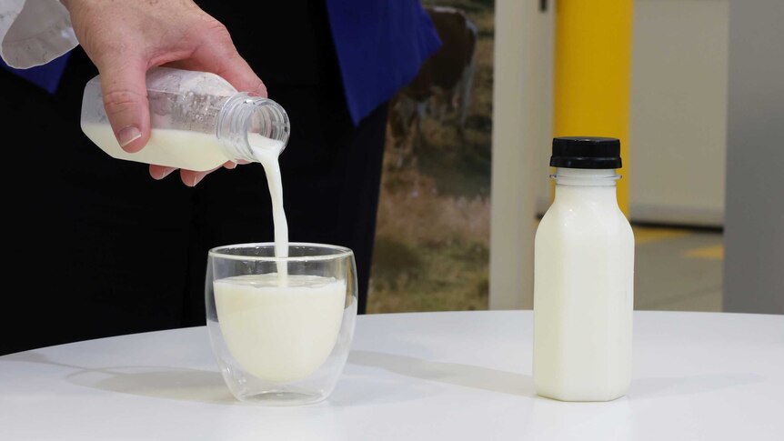 Hand in a lab coat sleeve pours milk from an unlabelled bottle into a small glass on a white table