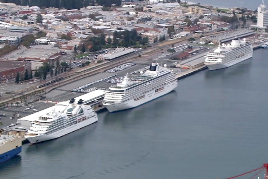 An aerial picture of cruise ships docked at Fremantle Port.