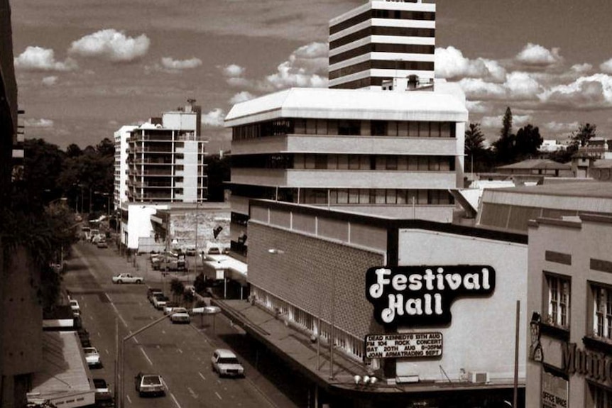 Buildings in Brisbane during the 1960s. Festival Hall sign up high.