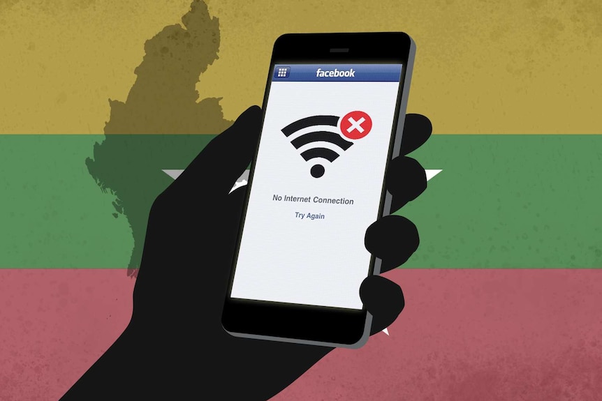 A graphic showing no internet access on Facebook against a backdrop of the Myanmar flag.