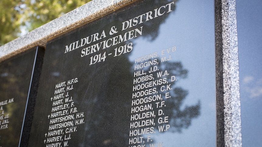 A plaque in Mildura with a list of local servicemen from 1914–1918.