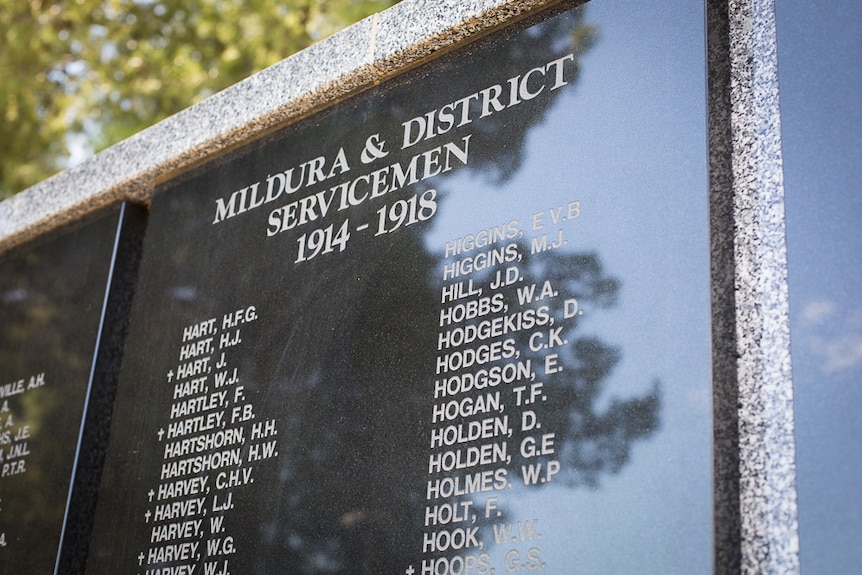 A plaque in Mildura with a list of local servicemen from 1914–1918.