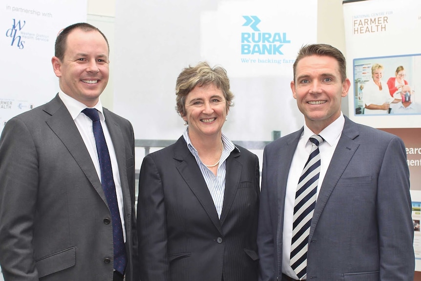 Rural Bank's Will Rayner, NCFH's Sue Brumby and WDHS's Rohan Fitzgerald smile for the camera.