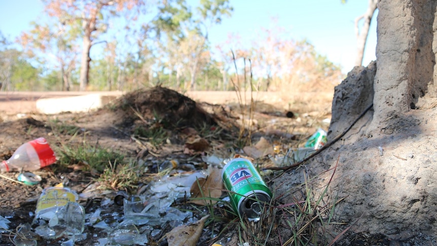 Broken glass and a beer can lie in the grass near Barunga