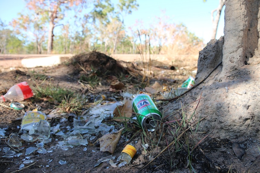 Broken glass and a beer can lie in the grass near Barunga