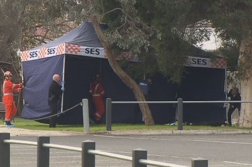 A police tent at a Brunswick West reserve where a man was found dead.