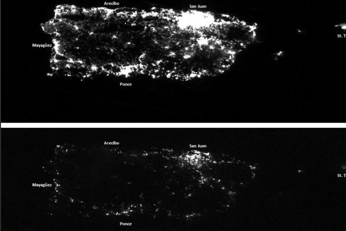 A composite image shows a brightly lit Puerto Rico on one half, and the island in near darkness in the other half