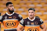 Brisbane Broncos Darius Boyd, Payne Haas, Corey Paix and Tom Flegler stand in the in-goal after another Roosters try.