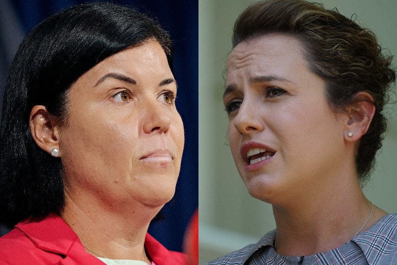 Two women facing separate press conferences, digitally altered to be facing each other