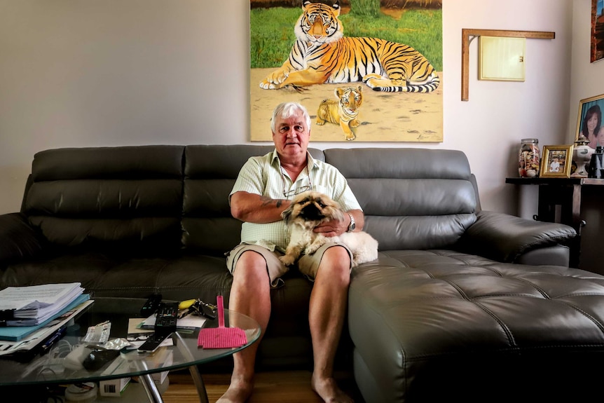Man wearing light green shirt and shorts sits on black leather couch with small dog on lap and painting of tiger in background
