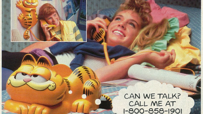 Advertisement for Garfield phone showing girl lying on a bed talking into a phone
