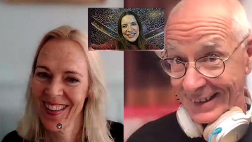 Dr Karl & Clare Collins screenshot over Skype, with triple j's Lucy Smith