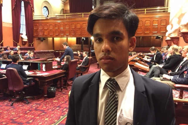 High school student Shoryu Das-Zaman at the NSW Youth Parliament.