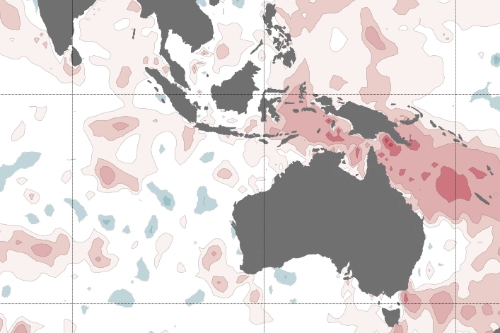 Map of oceans around AUS. Red to NE of AUS indicating well above average