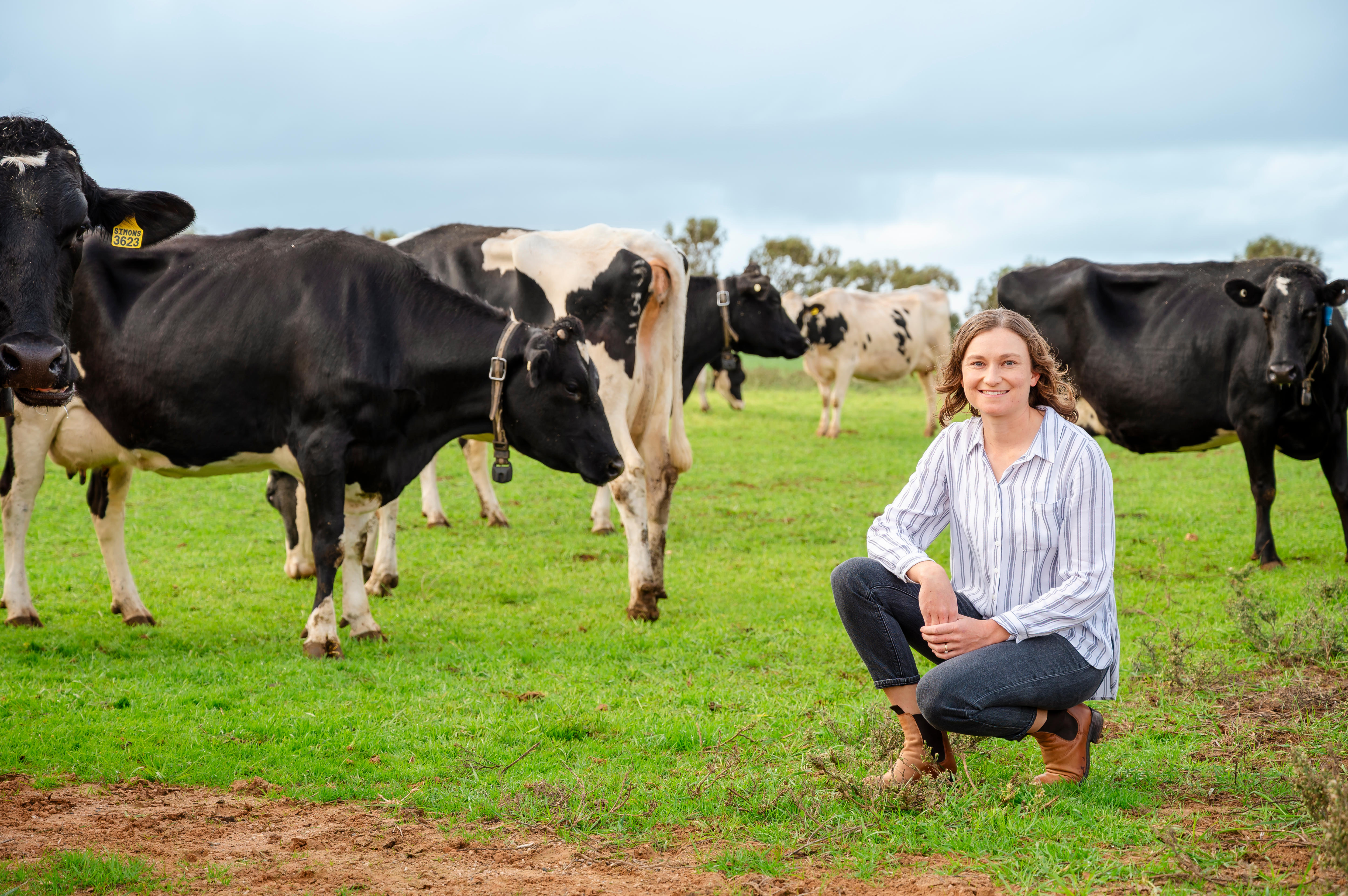 Narelle Zanker squats for a photo near a herd of cattle