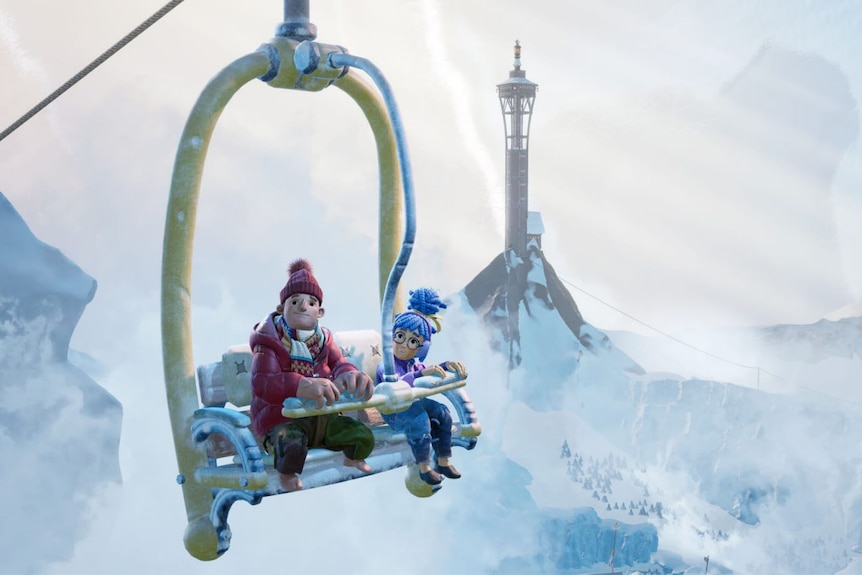 A still from the video game It Takes Two of characters May and Cody on a ski lift.