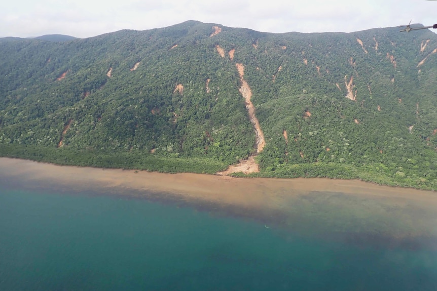 A landslide down a mountain next to the ocean, brown water stretches into the sea from the shore.