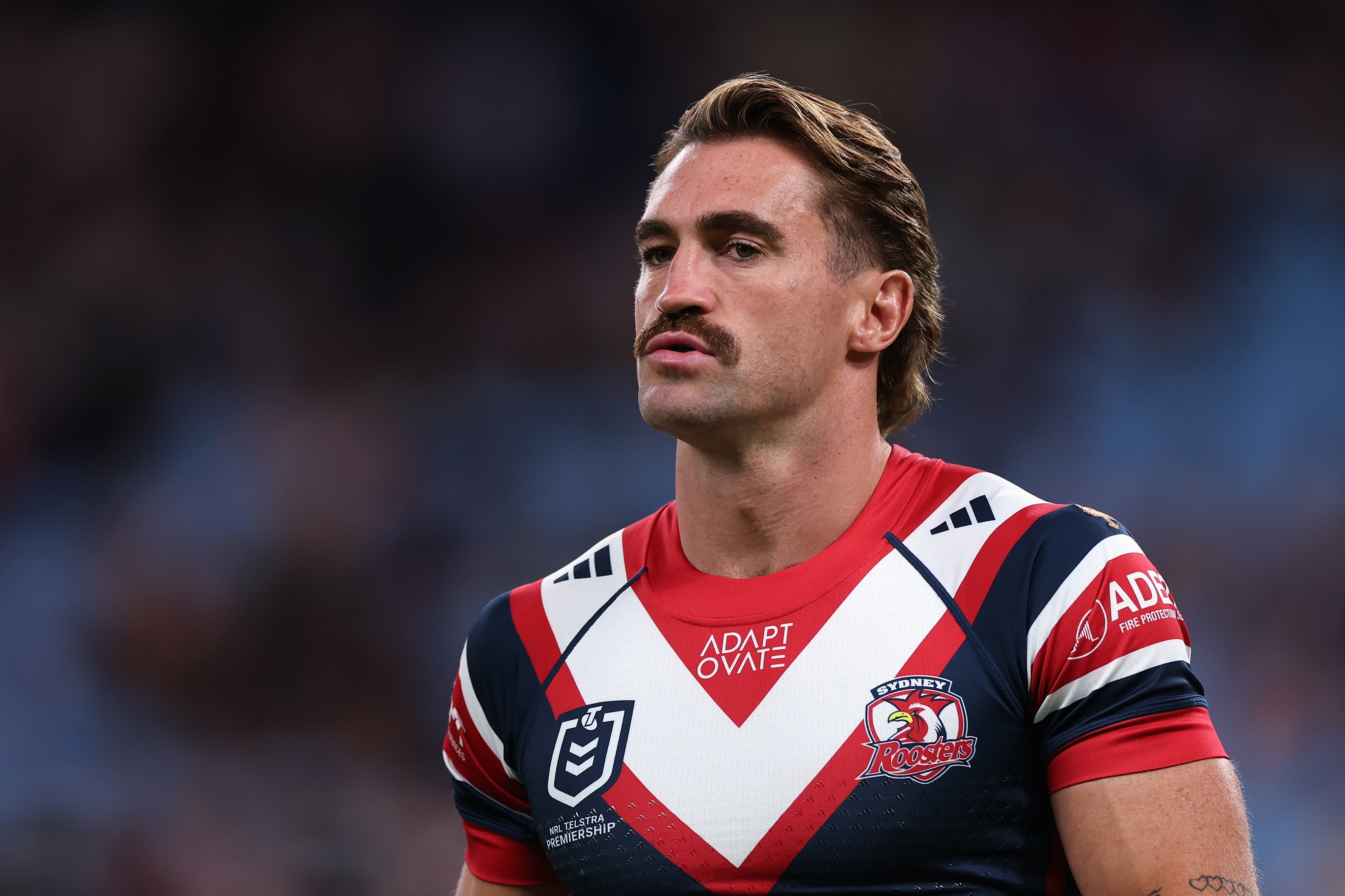 Connor Watson warms up ahead of a Sydney Roosters' NRL match in 2026.