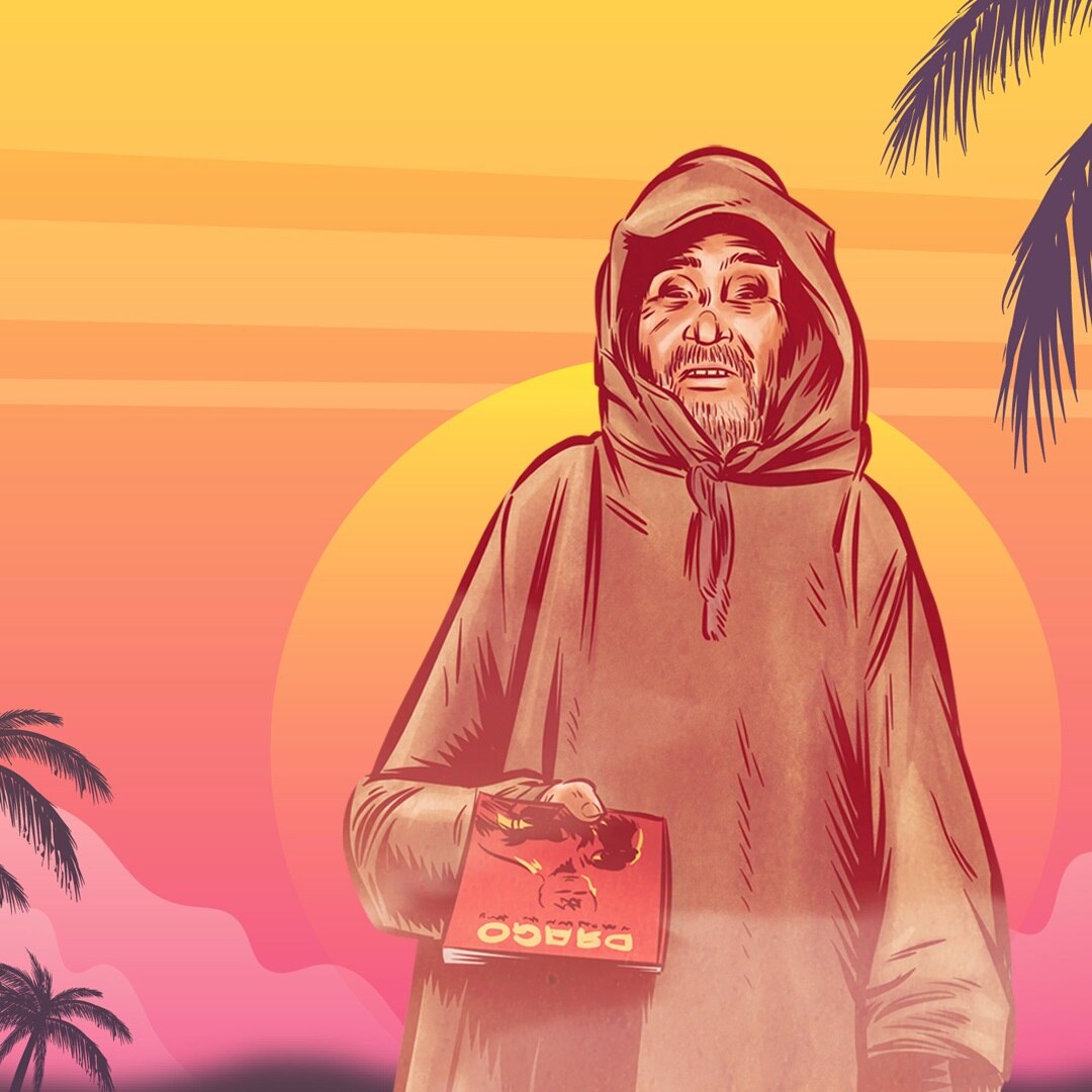 A cloaked figure handing out a book on a sunset beach.