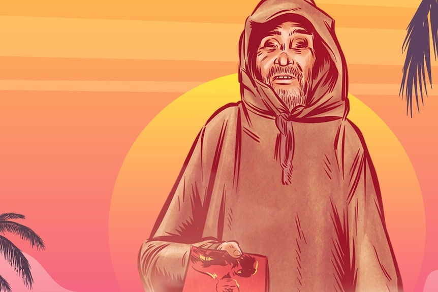 A cloaked figure handing out a book on a sunset beach.