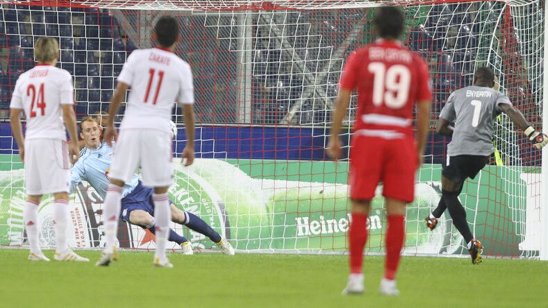 Don't see that every day... Tel Aviv goalkeeper Vincent Enyeama scores from the penalty spot.