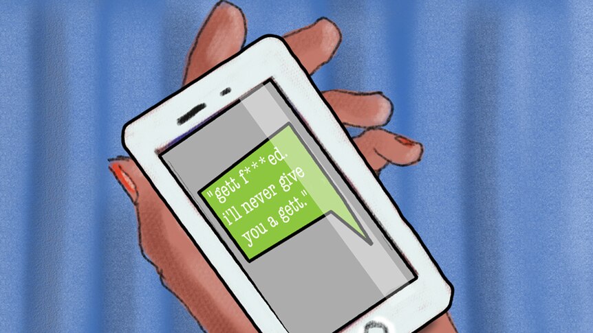 An illustration shows a mobile phone with a text message: "I'll never give you a gett."