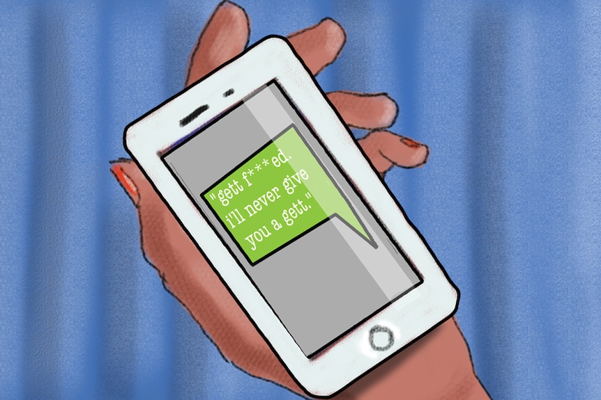 An illustration shows a mobile phone with a text message: "I'll never give you a gett."