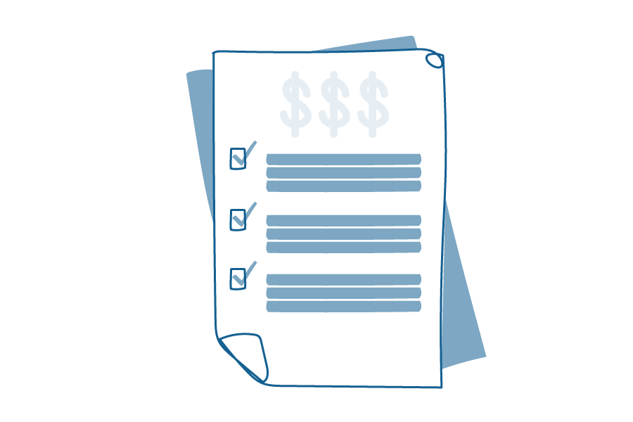 An illustration of a piece of paper with dollar signs at the top and a check list