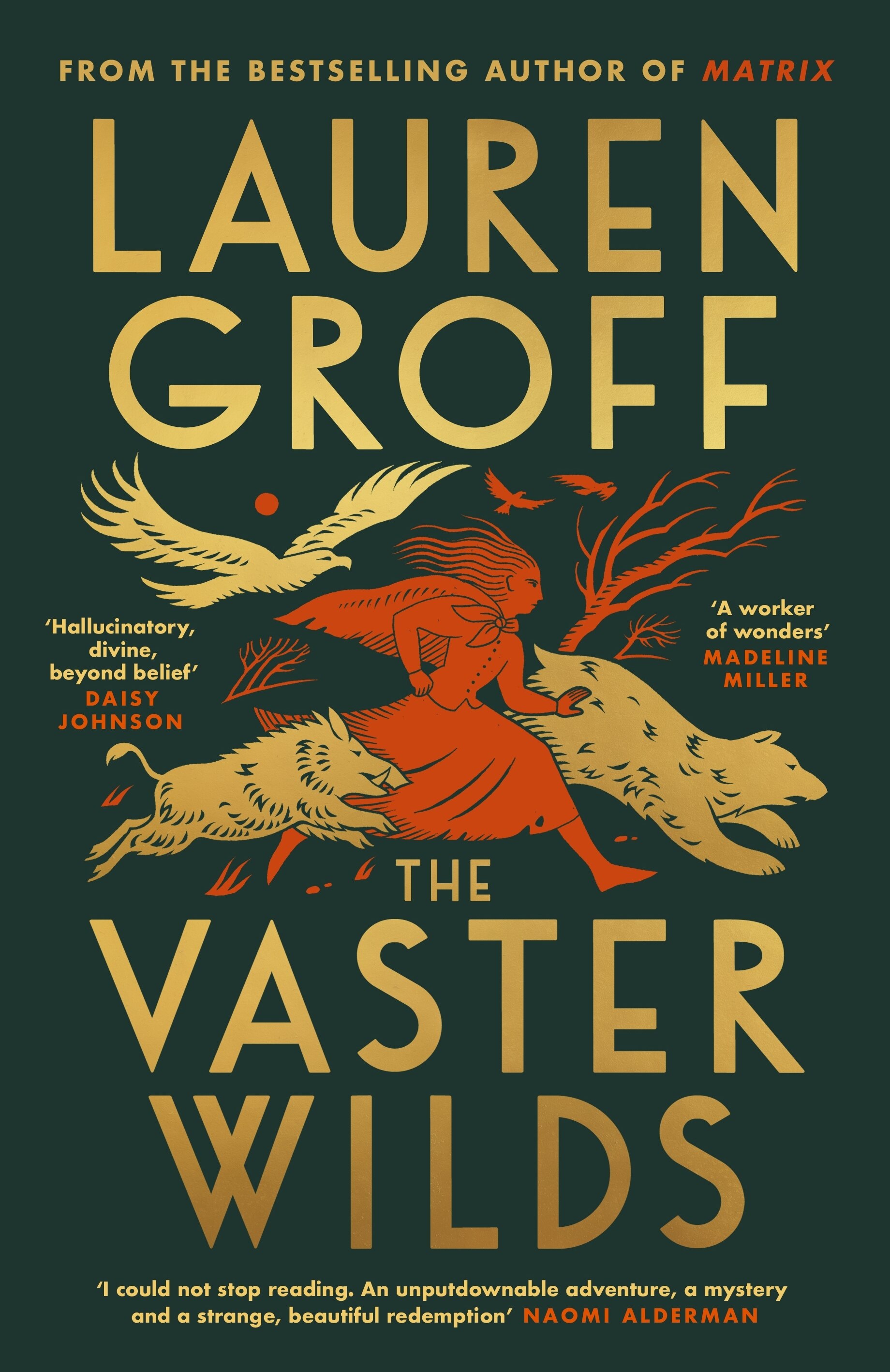 A dark green book cover with gold text and an illustration of a girl in red running alongside a boar, a bear and a hawk
