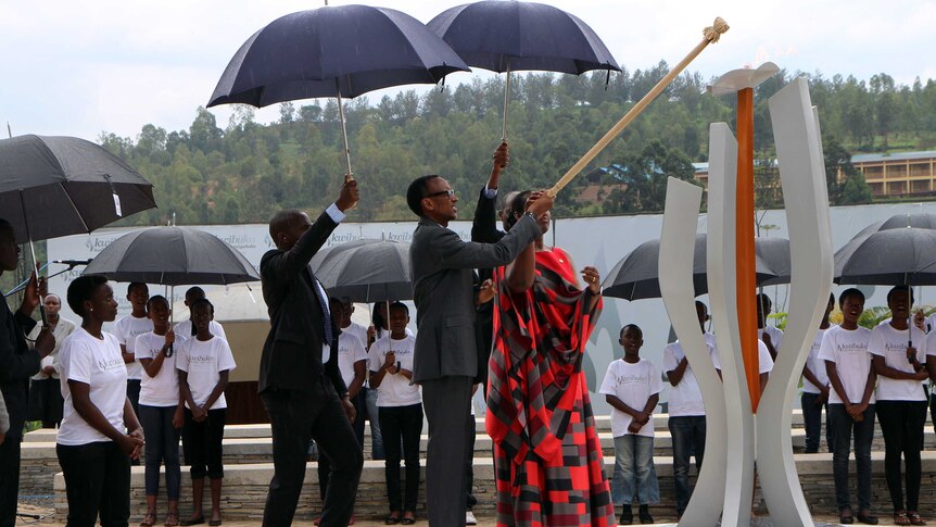 Rwandan president Paul Kagame lights the Flame of Remembrance