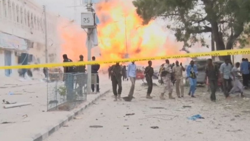 Bomb blast caught on camera as Somali militants attack hotel.