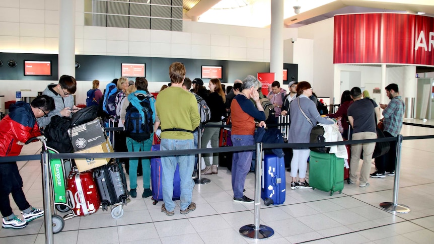 People line up with luggage in a queue at an airport.