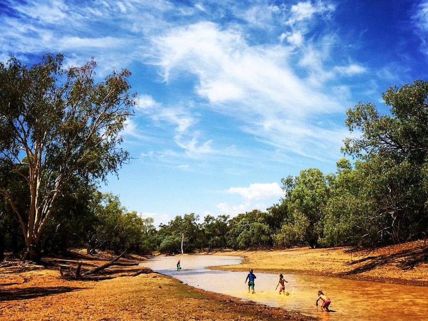 Kids play in a creek