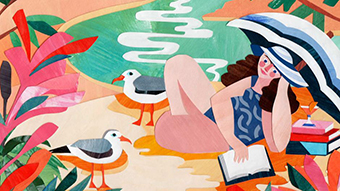 An illustration of a woman reading a book at the beach.