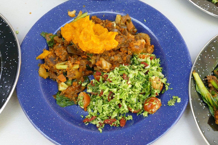 Broccoli and avocado salad with wallaby stew.