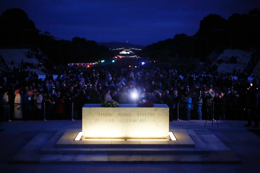 The Stone of Remembrance shines in the pre-dawn light in Canberra.