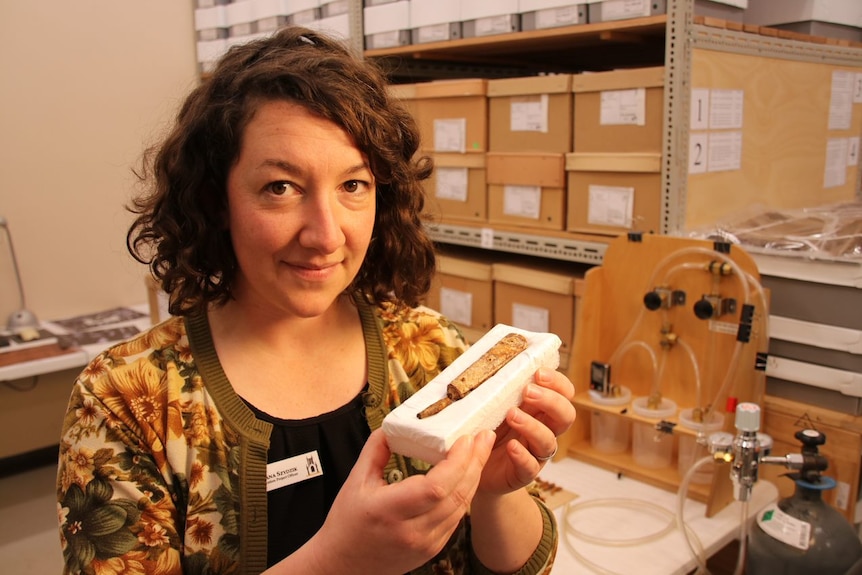 Sylvana Szydzik  with a bone-handled tool, carefully uncovered after x-ray analysis.