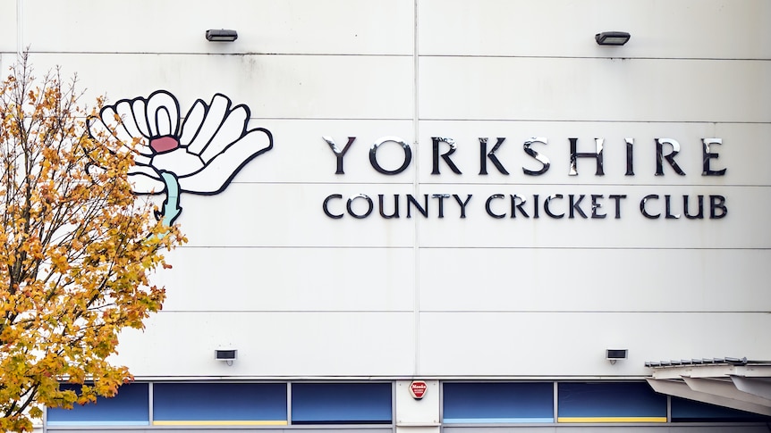 The crest and name of Yorkshire County Cricket Club on the side of a stadium