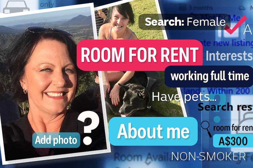 A photo of a woman smiling with various captions overlaid with statements like 'room for rent', 'working full time', 'about me'.